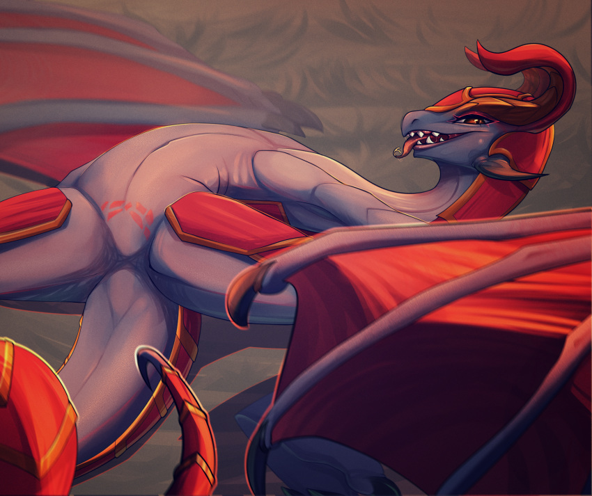 2019 conditional_dnp digital_media_(artwork) dragon elvche european_mythology featureless_crotch female feral half-closed_eyes hi_res horn league_of_legends membrane_(anatomy) membranous_wings mythological_creature mythological_scalie mythology narrowed_eyes navel nude null open_mouth presenting_crotch riot_games scalie shyvana solo spread_legs spreading tail teeth tencent tongue tongue_out western_dragon wings wyvern