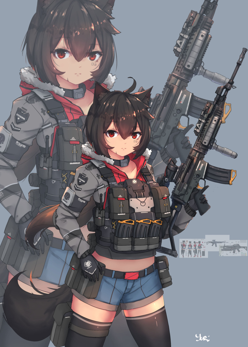 absurdres animal animal_ears assault_rifle black_gloves blue_shorts brown_hair collar commentary_request commission female fn_fnc foregrip gloves grey_jacket gun highres holster hood hooded_jacket insignia jacket laser_sight magazine_(weapon) original pindad_ss2 pouch red_eyes rifle scope short_hair shorts solo syaha tail thighhighs trigger_discipline weapon