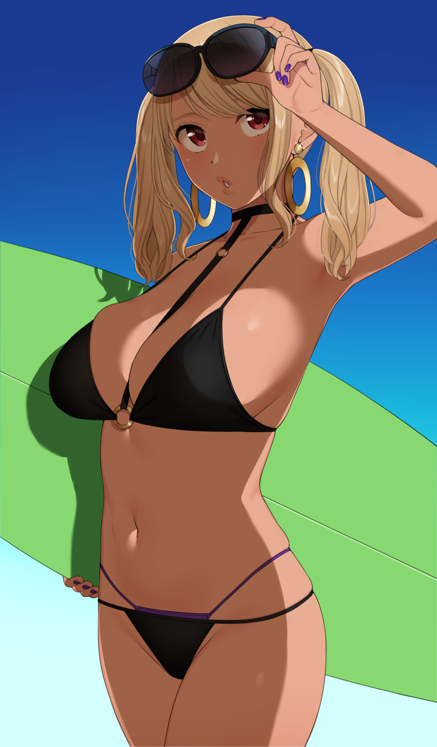 absurdres bikini black_bikini blonde_hair blue_background breasts commentary_request dark-skinned_female dark_skin earrings eyewear_on_head female gradient_background gyaru gyouza_teishoku halterneck highres holding holding_surfboard hoop_earrings jewelry large_breasts legs_together looking_at_viewer medium_hair navel o-ring o-ring_bikini o-ring_top original parted_lips purple_bikini purple_nails red_eyes simple_background solo standing stomach sunglasses surfboard swimsuit twintails