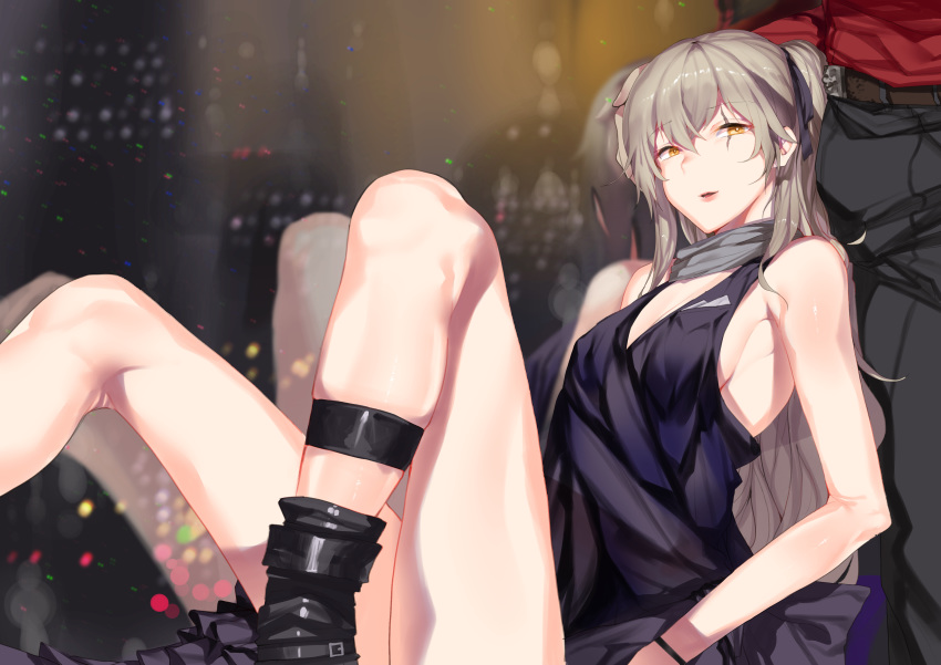 1boy absurdres bare_shoulders belt black_footwear blush boots breasts cityscape commentary dress female girls'_frontline grey_scarf hair_between_eyes highres indoors long_hair night official_alternate_costume one_side_up open_mouth pants purple_dress scar scar_across_eye scar_on_face scarf shin_strap shirt sitting small_breasts smile ump45_(diamond_flower)_(girls'_frontline) ump45_(girls'_frontline) window yellow_eyes yueqin_(monnpiano)