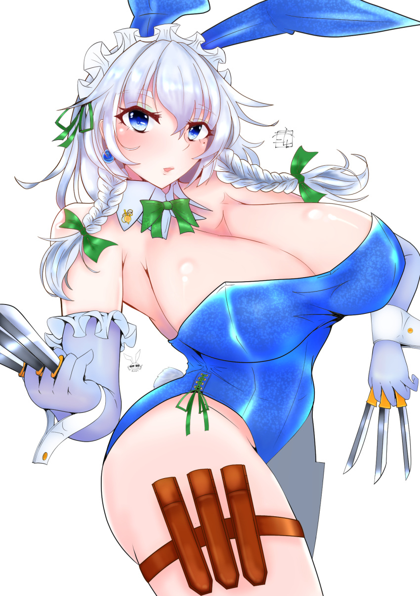 alternate_breast_size animal_ears between_fingers blush braid breasts cleavage detached_collar earrings elbow_gloves fake_animal_ears female gloves green_ribbons hair_ribbon haru_(89_air) highres holding holding_knife holster huge_breasts izayoi_sakuya jewelry knife knife_sheath knives_between_fingers lips looking_at_viewer maid maid_headdress medium_hair mole mole_under_eye playboy_bunny rabbit_ears rabbit_tail red_eyes ribbon sheath shiny_skin simple_background solo tail thick_thighs thigh_holster thighs touhou tress_ribbon twin_braids white_background wrist_cuffs