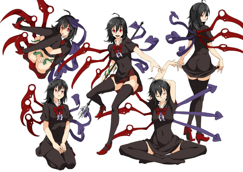 :d :o :t arms_up ass asymmetrical_wings black_dress black_hair black_thighhighs blue_wings bow bowtie breasts buttons center_frills closed_eyes closed_mouth commentary dress female footwear_bow frilled_dress frills full_body grin highres holding houjuu_nue hugging_own_legs indian_style looking_at_viewer looking_back looking_to_the_side mary_janes medium_breasts medium_hair multiple_views open_mouth polearm red_bow red_bowtie red_eyes red_footwear red_wings shoes short_dress short_sleeves simple_background sitting smile snake stretching sy4 thighhighs touhou trident wariza weapon white_background wings