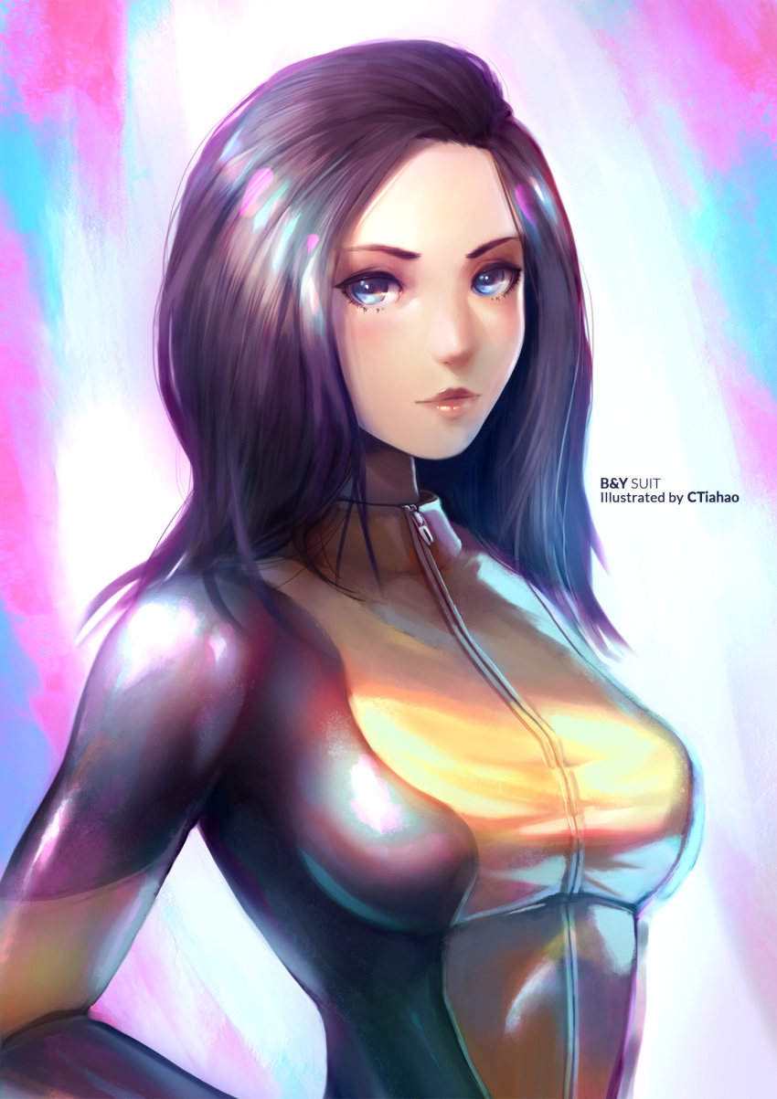 artist_name black_hair blue_eyes bodysuit breasts ctiahao female highres looking_at_viewer medium_breasts medium_hair original solo thick_lips zipper