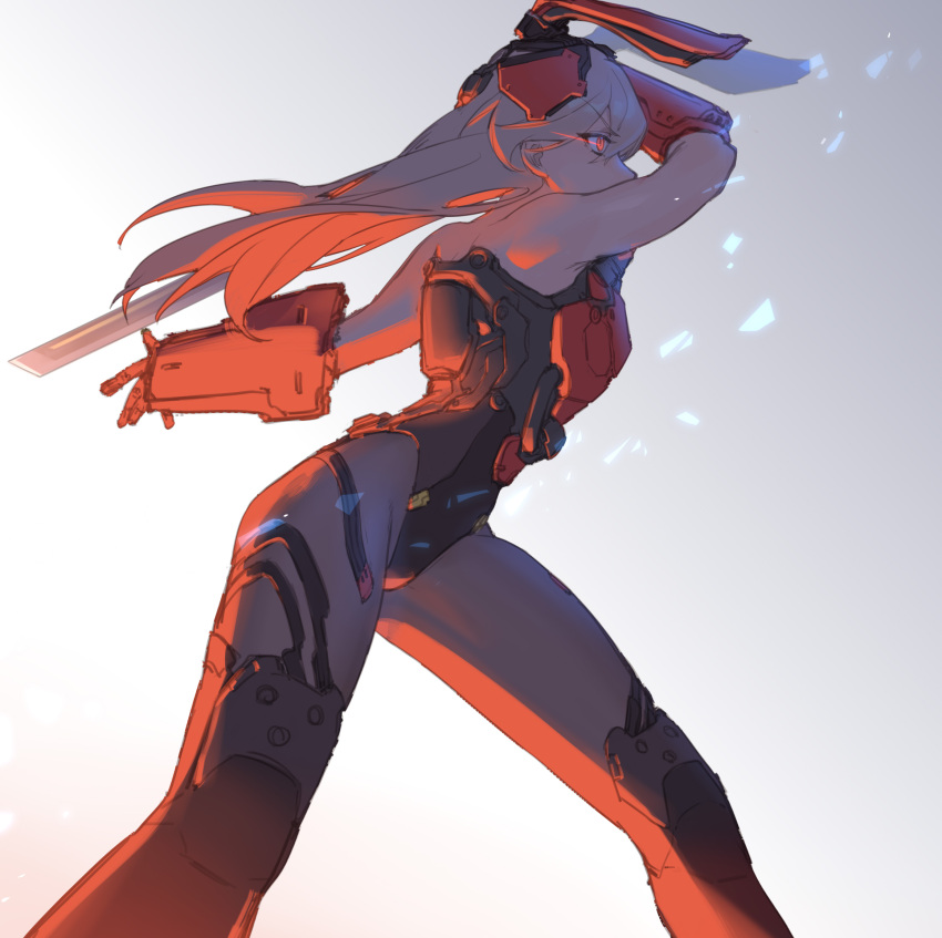 armored_leotard bare_shoulders c_piao_jun charolic_(girls'_frontline_2) commentary female girls'_frontline girls'_frontline_2:_exilium glowing glowing_eye highres leotard long_hair red_eyes solo sword very_long_hair weapon