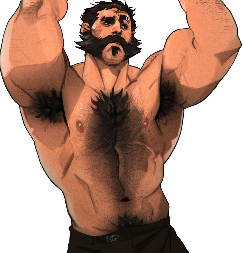 1boy armpit_hair artist_name bara beard black_hair black_pants blush chest_hair chris_sdd excessive_armpit_hair facial_hair graves_(league_of_legends) hairy highres league_of_legends looking_to_the_side male_focus mature_male muscular muscular_male navel nipples pants pectorals short_hair simple_background solo thick_chest_hair thick_navel_hair topless_male very_hairy white_background