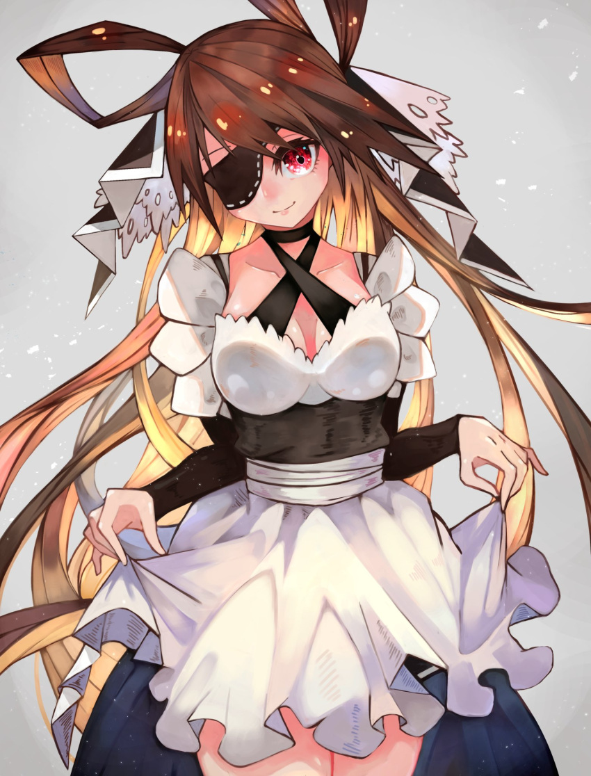 alternate_costume arm_warmers breasts brown_hair cleavage closed_mouth commentary criss-cross_halter dress eyepatch female floating_hair frilled_dress frills grey_background hair_ornament hair_rings halterneck haru_torimaru highres long_hair looking_at_viewer maid one_eye_covered red_eyes sash skirt_hold smile solo tenka_hyakken tsuruga_masamune_(tenka_hyakken)