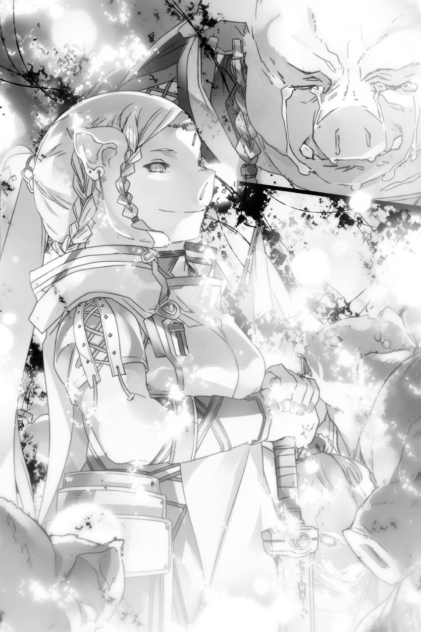 animal_ears braid bunbun cape closed_eyes closed_mouth crying energy female glowing greyscale hands_on_hilt highres holding holding_sword holding_weapon lenjuu_(sao) lilpilin_(sao) long_sleeves magic monochrome multiple_boys non-web_source novel_illustration official_art orc pig_ears smile standing sword sword_art_online sword_art_online:_alicization sword_art_online:_alicization_-_war_of_underworld weapon