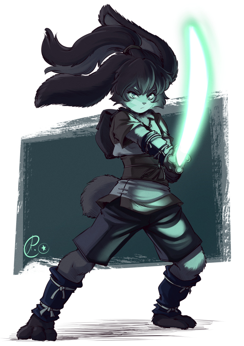 2021 action_pose anthro asura-00 cheek_tuft clothed clothing eyebrows eyelashes facial_tuft female floppy_ears fur green_lightsaber hair hi_res lagomorph lepi leporid lightsaber long_hair looking_at_viewer lop_(star_wars_visions) mammal melee_weapon ponytail pose rabbit scut_tail short_tail solo star_wars star_wars_visions tail tuft weapon