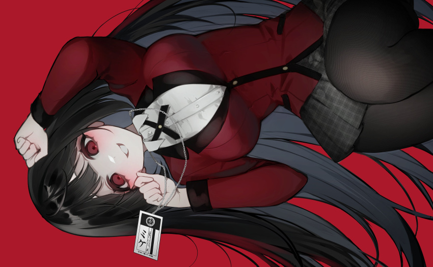 absurdres bamme_o3o black_hair black_pantyhose black_skirt breasts collared_shirt commentary dress_shirt female foreshortening grin highres hime_cut houndstooth hyakkaou_academy_school_uniform jabami_yumeko jacket kakegurui long_hair long_sleeves looking_at_viewer pantyhose plaid plaid_skirt red_background red_eyes red_jacket school_uniform shirt simple_background skirt smile solo symbol-only_commentary teeth white_shirt