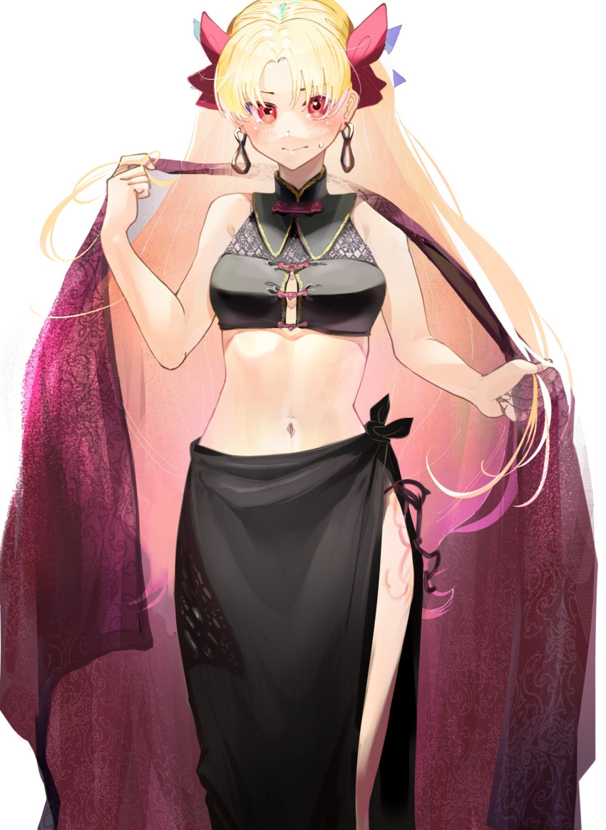 adapted_costume bikini black_sarong blonde_hair blush bow breasts closed_mouth commentary cowboy_shot earrings ereshkigal_(fate) ereshkigal_(youming_niangniang)_(fate) fate/grand_order fate_(series) female hairbow highres iris_(tb33064667) jewelry long_hair looking_at_viewer medium_breasts navel parted_bangs red_bow red_eyes sarong side-tie_bikini_bottom smile solo sweatdrop swimsuit two_side_up very_long_hair vietnamese_clothes vietnamese_dress