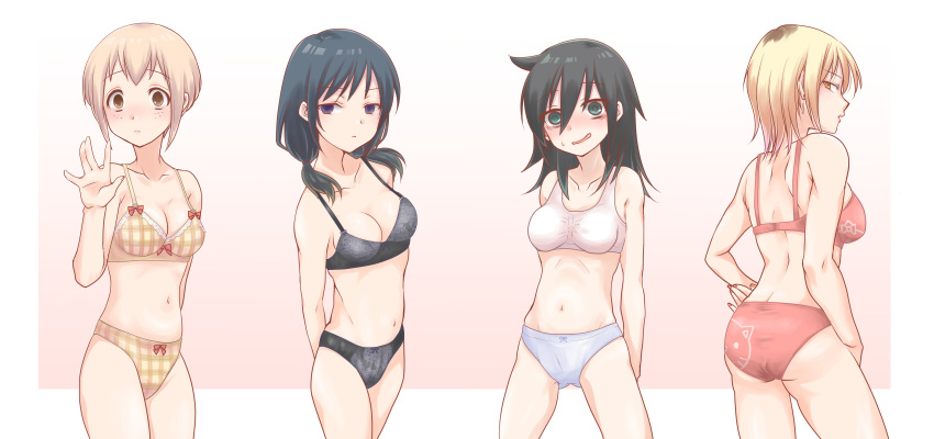 4girls absurdres arms_behind_back ass ass_visible_through_thighs back bad_id bad_pixiv_id bags_under_eyes black_bra black_hair black_panties blonde_hair blush border bow bow_bra bow_panties bra breasts brown_eyes brown_hair character_print cleavage commentary_request cowboy_shot earrings embarrassed floral_print freckles from_behind green_eyes hair_between_eyes hand_on_own_hip hello_kitty hello_kitty_(character) highres hikaru_(ofuton_at5) jewelry kuroki_tomoko large_breasts long_hair looking_at_viewer looking_back low_twintails medium_breasts medium_hair multiple_girls nail_polish navel nervous_smile outside_border panties pink_background print_bra print_panties purple_eyes red_bow red_bra red_nails red_panties sanrio smile standing stomach sweatdrop tamura_yuri tanaka_mako tank_top twintails underwear underwear_only watashi_ga_motenai_no_wa_dou_kangaetemo_omaera_ga_warui! waving wavy_mouth white_border yellow_bra yellow_panties yoshida_masaki