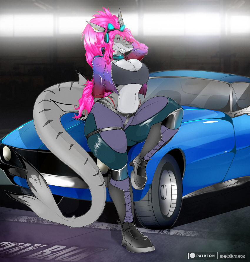 absurd_res anthro big_breasts breasts car cleavage clothed clothing collar ear_piercing female fish grey_body hair hi_res hospitallerinaboat looking_at_viewer marine navel navel_piercing non-mammal_breasts panties piercing pink_hair posed shark smile solo underwear vehicle