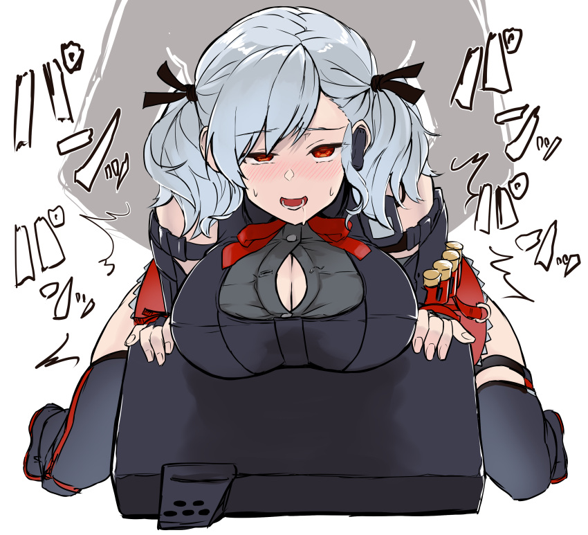 1boy ^^^ absurdres black_thighhighs blush breasts button_gap cleavage commentary_request doggy_style drooling earpiece facing_viewer female full_body girls'_frontline grey_hair highres kurozukin_(th_krz_890) large_breasts medium_hair partially_unbuttoned red_eyes sex sex_from_behind short_twintails silhouette skindentation solo_focus spas-12_(girls'_frontline) straight thighhighs twintails