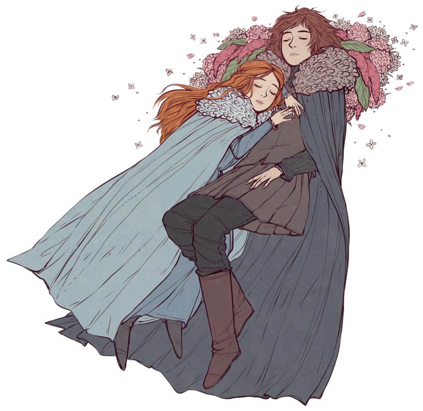 1boy a_song_of_ice_and_fire braid brother_and_sister brown_hair cape closed_eyes dress female flower game_of_thrones orange_hair robb_stark sansa_stark shie_(517151) short_hair siblings sleeping