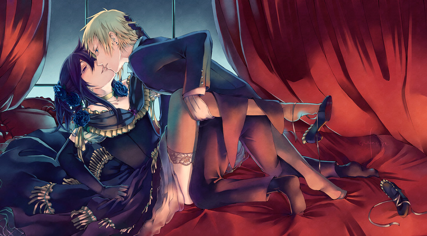 2boys bare_shoulders bed blue_eyes bow bridal_gauntlets brown_hair choker commentary_request crossdressing curtains dress earrings elliot_nightray flower formal frilled_dress frills glasses grey_hair imminent_kiss jewelry leo_(pandora_hearts) long_hair male_focus mole multiple_boys open_mouth pandora_hearts purple_eyes short_hair smile surfacage window yaoi