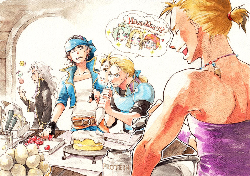 4boys blonde_hair cake celes_chere commentary_request cooking cream da-vesita edgar_roni_figaro egg final_fantasy final_fantasy_vi food fruit locke_cole multiple_boys photoshop_(medium) relm_arrowny sabin_rene_figaro setzer_gabbiani spoon strawberry terra_branford