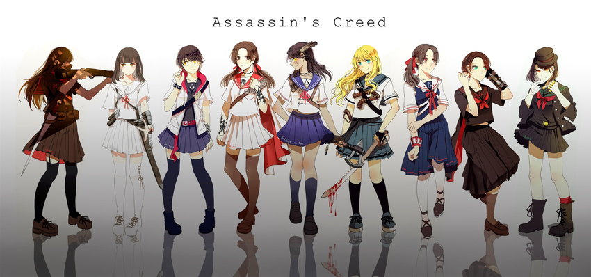 6+girls absurdres altair_ibn_la-ahad arno_dorian assassin's_creed assassin's_creed:_rogue assassin's_creed:_syndicate assassin's_creed:_unity assassin's_creed_(series) assassin's_creed_ii assassin's_creed_iii assassin's_creed_iv:_black_flag black_hair blonde_hair blood blood_on_weapon brass_knuckles brown_hair commentary_request concealed_weapon connor_kenway desmond_miles edward_kenway evie_frye ezio_auditore_da_firenze feather_hair_ornament feathers genderswap_(mtf) gun hair_ornament hidden_blade_(assassin's_creed) highres jacob_frye long_hair multiple_girls reflective_floor rule_63 school_uniform serafuku shay_patrick_cormac short_hair sword thighhighs weapon zarea zettai_ryouiki