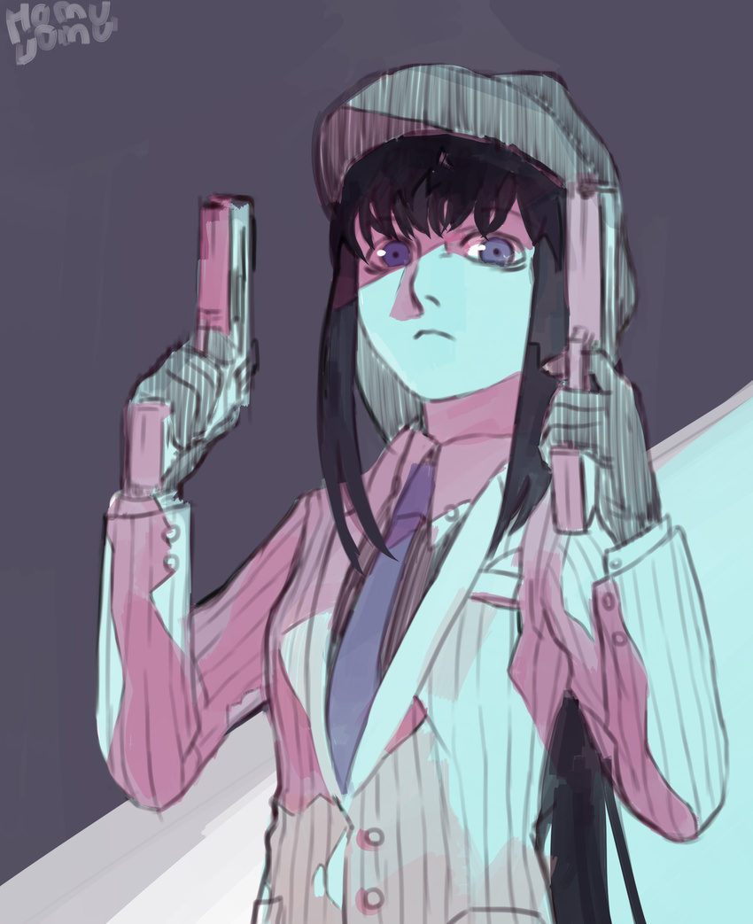 akemi_homura black_gloves black_hair commentary_request dual_wielding female finger_on_trigger formal gangster gloves gun handgun hat highres holding holding_gun holding_weapon homu long_hair looking_at_viewer mafia mahou_shoujo_madoka_magica mahou_shoujo_madoka_magica_(anime) necktie simple_background solo suit weapon xenos