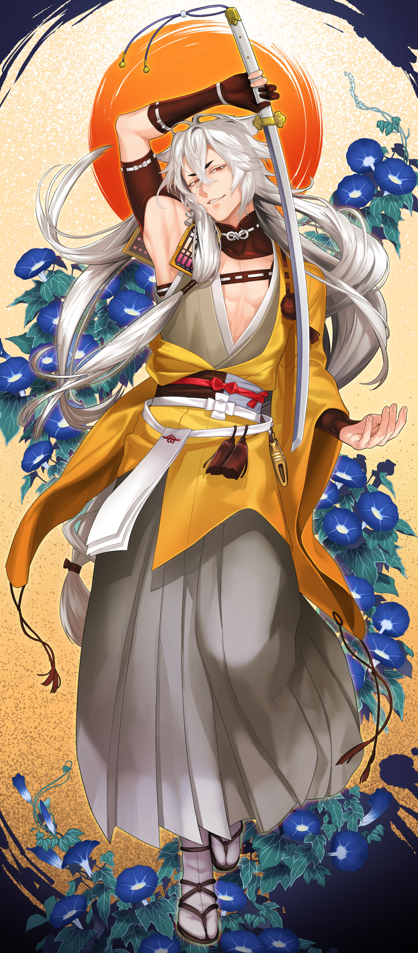 1boy absurdres armor black_gloves blue_flower commentary flower flower_knot gloves hakama hakama_skirt highres japanese_armor japanese_clothes katana kogitsunemaru leaf long_hair male_focus morning_glory oerba_yun_fang partially_fingerless_gloves plant red_eyes sandals shoulder_armor sine skirt smile sode solo sword tabi touken_ranbu vines weapon white_hair