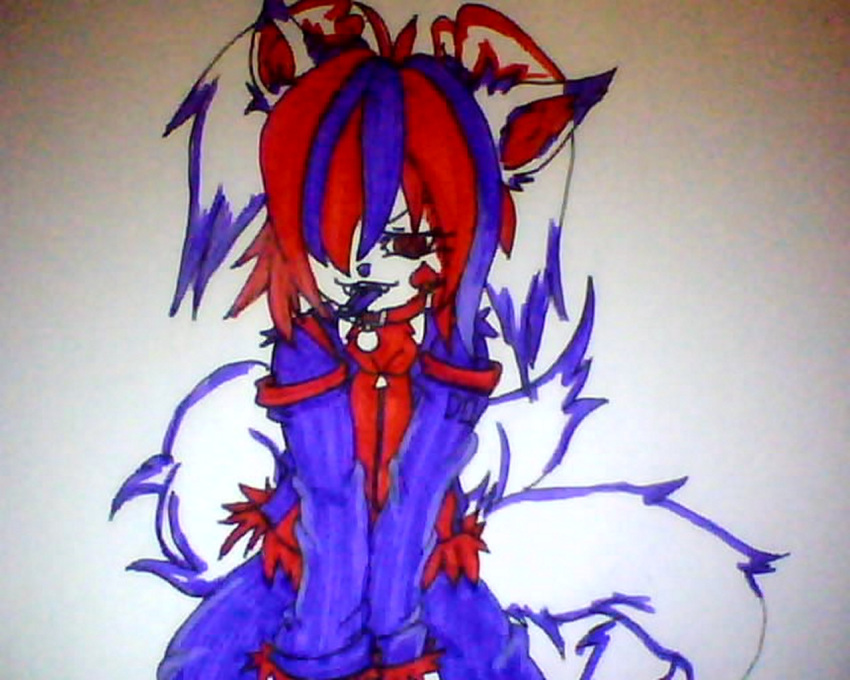 5:4 alternative_fashion ambiguous_gender anthro clothed clothing delta felid feline fluffy fluffy_tail glamfur hair long_tail mammal marker_(artwork) multicolored_clothing multicolored_hair purple_tongue red_eyes simple_background solo sparklefur tail teeth tongue traditional_media_(artwork) unknown_artist white_background