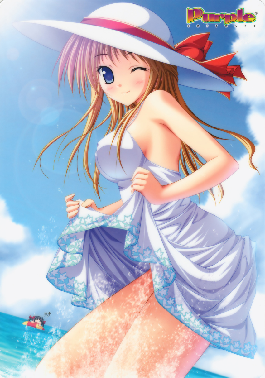 absurdres akiiro_renka blonde_hair blue_eyes blush chibi dress hat highres long_hair purple_software ribbon sera_kasumi smile summer_dress sundress tokura_tsubasa tsukimori_hiro water water_float wink yuuki_makoto