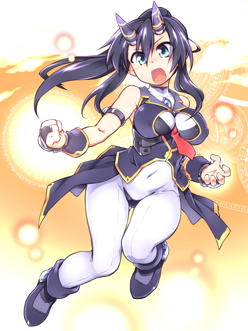 between_breasts black_hair blue_eyes bodysuit boots breasts clenched_hand coat commentary_request covered_navel female highres horns large_breasts long_hair necktie open_mouth original ponytail shouting sleeveless solo tailcoat tomoshibi_hidekazu