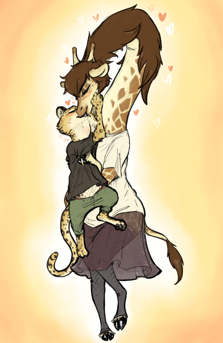 2017 absurd_res anthro blush bottomwear brown_hair carrying_another cheek_tuft closed_eyes clothing deep_throat desmond_(zootopia_fan_character) digit_ring disney duo extreme_french_kiss facial_tuft fan_character felid female french_kissing fur giraffe giraffid gradient_background hair heart_symbol hi_res hooves horn husband_and_wife jaguar jewelry kissing legwear long_tongue male male/female mammal markings married_couple molly_(zootopia_fan_character) neck_bulge nobby_(artist) oral oral_penetration ossicone pantherine paws penetration predator/prey ring romantic romantic_couple shirt simple_background size_difference skirt spots spotted_body spotted_fur standing thigh_highs tongue topwear tuft wedding_ring yellow_background zootopia