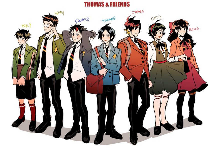 2girls 5boys :p ahoge arms_behind_head backpack bad_id bad_twitter_id bag black_hair blazer book bow character_name copyright_name dress edward_the_blue_engine emily_the_emerald_engine glasses hairband hairbow henry_the_green_engine highres jacket james_the_red_engine kendy_(revolocities) kneehighs messenger_bag multicolored_hair multiple_boys multiple_girls pantyhose percy_the_small_engine personification pinafore_dress red_legwear rosie_the_tank_engine school_uniform short_hair shoulder_bag simple_background sleeveless sleeveless_dress smile socks streaked_hair thomas_the_tank_engine thomas_the_tank_engine_(character) tongue tongue_out two-tone_hair white_background