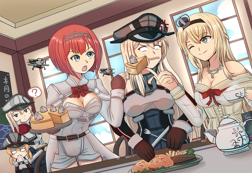 5girls ? aircraft airplane anchor_hair_ornament anger_vein ark_royal_(kancolle) bad_anatomy biplane bismarck_(kancolle) blonde_hair blue_eyes blue_sky blunt_bangs bob_cut cloud cloudy_sky commentary corset cross-laced_clothes day detached_sleeves dutch_angle fairey_swordfish fingerless_gloves fish food fork gloves graf_zeppelin_(kancolle) guangsu_gongjue hair_ornament hairband hamburger_steak hat highres indoors jealous kantai_collection long_hair long_sleeves military military_hat military_uniform multiple_girls no_legwear open_mouth overskirt pantyhose peaked_cap photoshop_(medium) pie prinz_eugen_(kancolle) red_hair red_ribbon ribbon short_hair silver_trim sky spoken_question_mark stargazy_pie teapot tiara tsurime uniform warspite_(kancolle) window