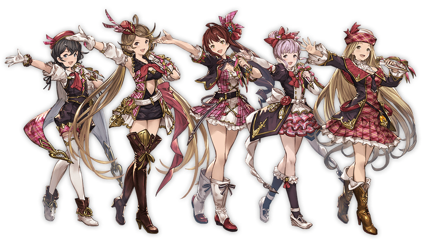 5girls black_hair blonde_hair blue_eyes boots bow brown_eyes brown_hair canna_(granblue_fantasy) cape detached_sleeves diantha_(granblue_fantasy) diola_(granblue_fantasy) dress frilled_skirt frills full_body gloves granblue_fantasy harie_(granblue_fantasy) hat holding idol jacket jewelry juliet_sleeves knee_boots linaria_(granblue_fantasy) long_hair long_sleeves looking_at_viewer microphone minaba_hideo multiple_girls official_art open_mouth puffy_sleeves purple_hair ribbon short_dress short_hair skirt smile thigh_boots thighhighs transparent_background very_long_hair white_gloves white_legwear zettai_ryouiki