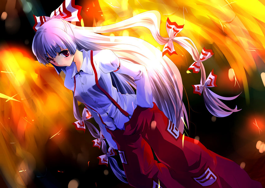 bad_id bad_pixiv_id bow female fire fujiwara_no_mokou grey_hair hairbow highres kobanzame long_hair red_eyes solo touhou