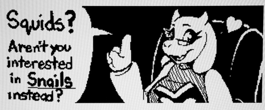 ajin anthro black_and_white boss_monster_(undertale) bovid caprine chair dialogue english_text eyelashes eyewear female furniture glasses heart_symbol mammal miiverse monochrome solo speech_bubble talking_to_viewer text toriel undertale undertale_(series)