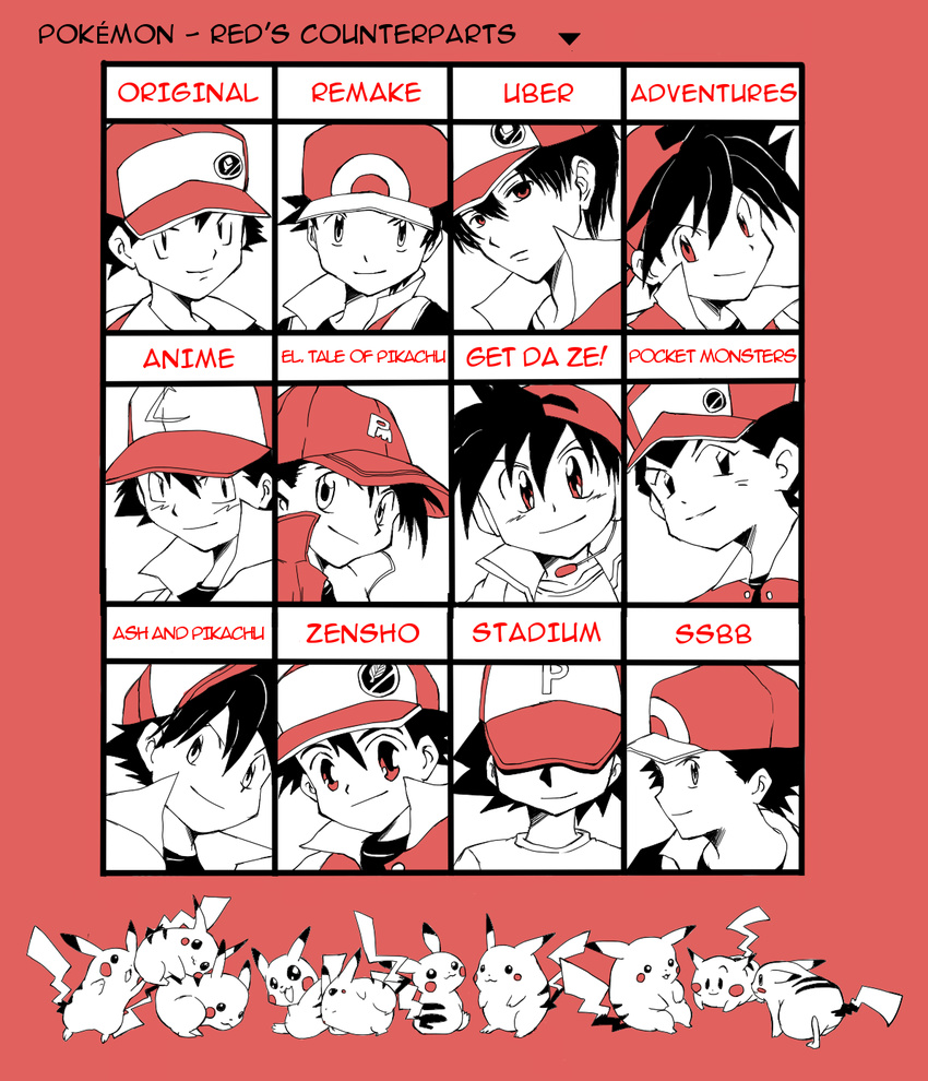 akai_isamu_(pokemon) baseball_cap black_eyes black_hair chart comparison dengeki!_pikachu diagram everyone happy hat headset highres lolicon monochrome multiple_boys multiple_persona nintendo open_mouth pikachu pocket_monsters_(manga) pokemon pokemon_(anime) pokemon_(game) pokemon_firered_and_leafgreen pokemon_get_da_ze! pokemon_gold_and_silver pokemon_gsc pokemon_heartgold_and_soulsilver pokemon_hgss pokemon_red_and_green pokemon_rgby pokemon_special pokemon_stadium pokemon_trainer pokemon_zensho red red_(pokemon) red_eyes satoshi_(pokemon) satoshi_(zensho) short_hair shuu_(get_da_ze!) simple_background smile super_smash_bros. super_smash_bros._brawl tmsp95