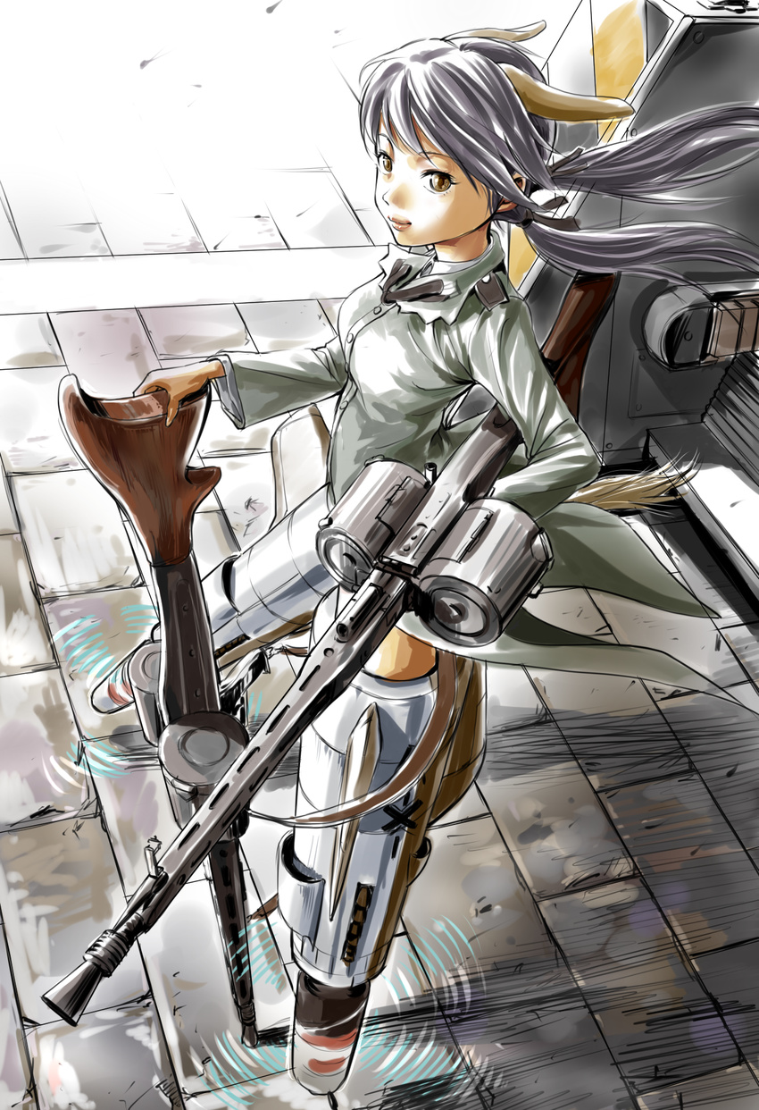 animal_ears black_hair brown_eyes commentary_request dog_ears dog_girl dog_tail dual_wielding female gertrud_barkhorn gun highres holding long_hair machine_gun mg42 military military_uniform munmun smile solo strike_witches striker_unit tail uniform weapon world_witches_series