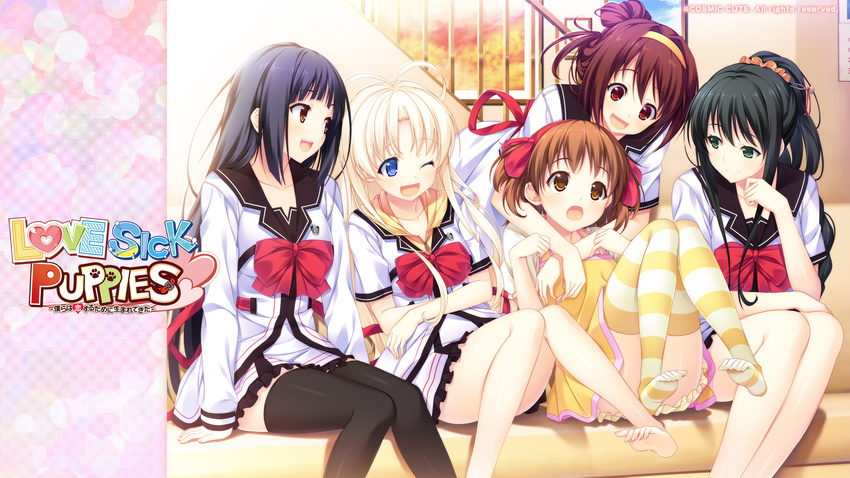 himesato_isami hoshina_yuki karakouji_orie lovesick_puppies sankuro seifuku shibasaki_maruna thighhighs wallpaper