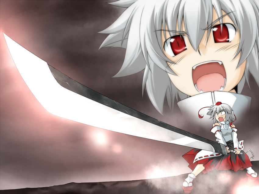 commentary_request detached_sleeves female geta grey_hair hat huge_weapon inu_mamoru_mizuki inubashiri_momiji open_mouth parody red_eyes revision short_hair solo sunrise_stance sword tengu-geta tokin_hat touhou weapon zankantou