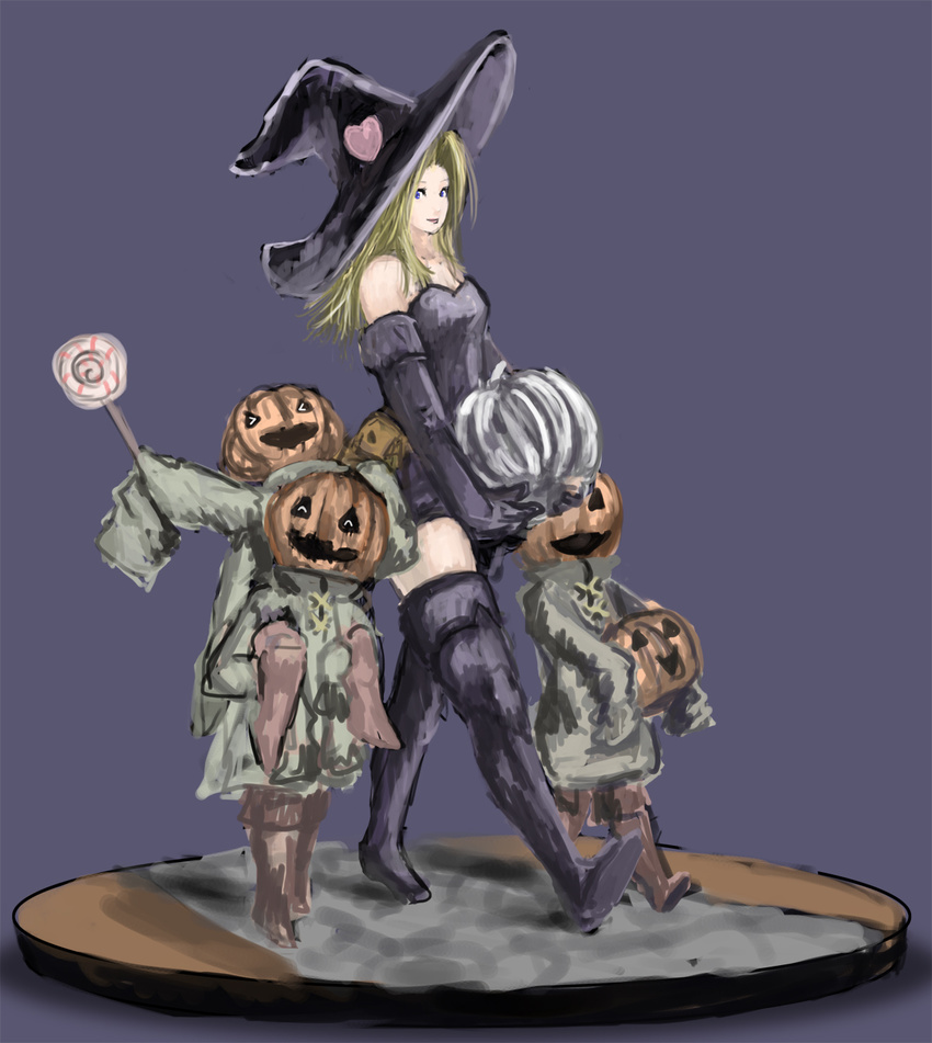 3boys bare_shoulders blonde_hair blue_eyes boots candy carrying commentary_request deneb_rove denim_(boogee) dress elbow_gloves faux_figurine female food glass_pumpkin gloves hair_intakes hat heart highres holding holding_food holding_pumpkin holding_vegetable jack-o'-lantern lollipop long_hair microdress multiple_boys photoshop_(medium) piggyback pouch pumpkin pumpkinhead_(ogre_battle) purple_dress purple_footwear purple_gloves purple_hat road strapless strapless_dress tactics_ogre thigh_boots thighhighs tunic vegetable walking witch witch_hat zettai_ryouiki