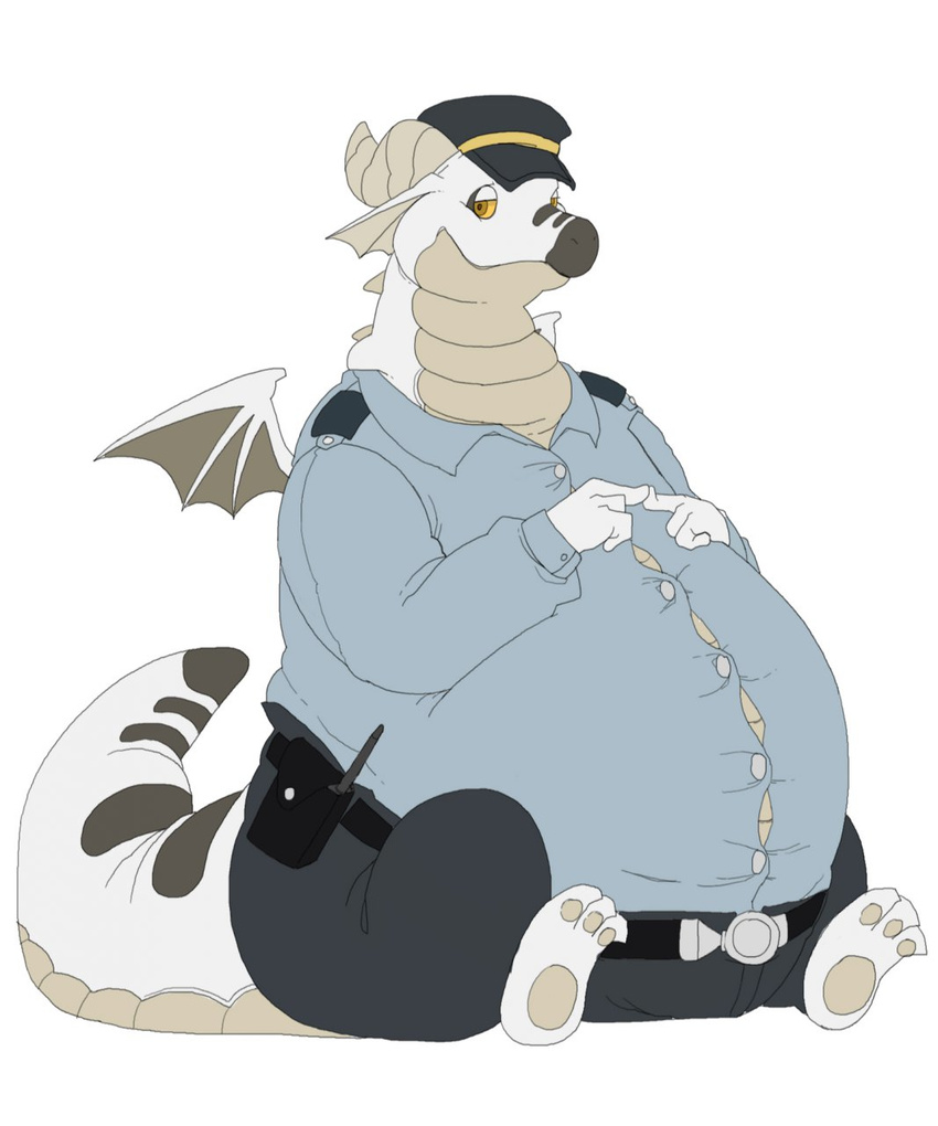 anthro belly belly_scales belt big_belly biped black_body black_scales bluewhale127 bottomwear button_(fastener) clothing digital_media_(artwork) dragon hat headgear headwear hi_res horn kemono looking_at_viewer male mythological_creature mythological_scalie mythology overweight overweight_anthro overweight_male pants pawpads paws scales scalie security_dragon shirt shy sitting small_wings smile solo tail topwear uniform white_body white_scales wings yellow_sclera