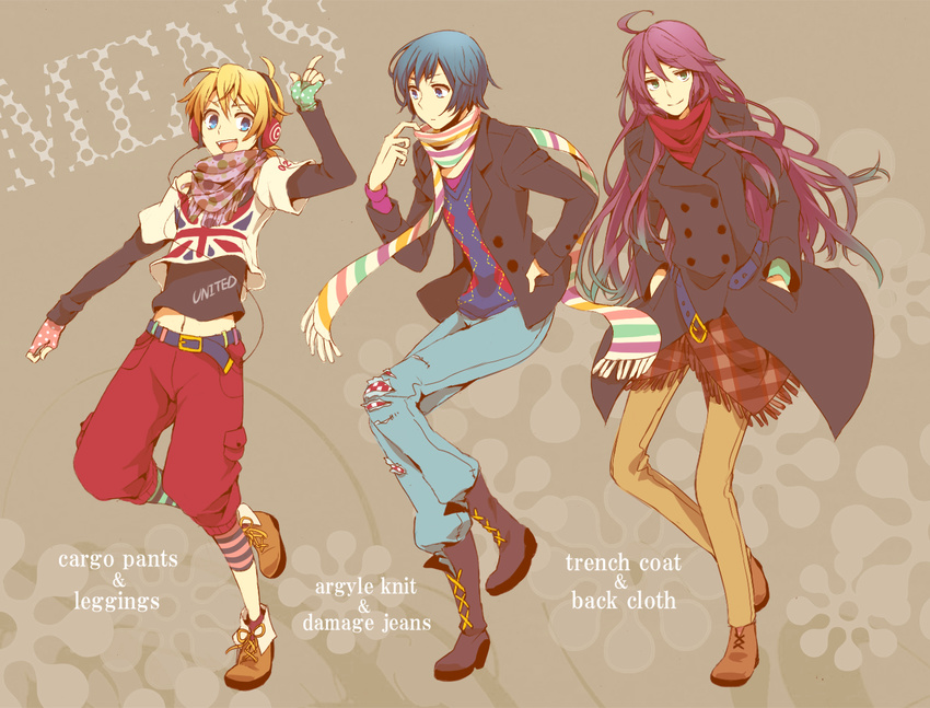 3boys ahoge alternate_costume aqua_eyes argyle_clothes argyle_sweater asymmetrical_gloves blonde_hair blue_eyes blue_hair boots buttons casual coat commentary_request contemporary double-breasted fashion fingerless_gloves gloves headphones kagamine_len kaito_(vocaloid) kamui_gakupo long_hair male_focus mismatched_gloves multicolored_clothes multicolored_scarf multicolored_stripes multiple_boys pants pants_tucked_in plaid polka_dot_gloves purple_hair red_pants scarf shivue shoes smile striped_clothes striped_scarf sweater vocaloid