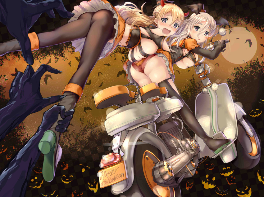 2girls absurdres ass ass-to-breast bad_id bad_twitter_id bare_shoulders bat_(animal) black_pantyhose blonde_hair blush breasts brown_eyes chestnut_mouth crying crying_with_eyes_open demon_horns full_moon hair_between_eyes halloween happy_halloween hat highres horns kantai_collection large_breasts long_hair looking_at_viewer looking_back mini_hat miniskirt moon motor_vehicle motorcycle multiple_girls navel open_mouth panties pantyhose pantyshot platinum_blonde_hair pola_(kancolle) purple_eyes red_panties satou_daiji skirt tearing_up tears thick_eyebrows thighhighs underboob underwear wavy_hair wavy_mouth zara_(kancolle)