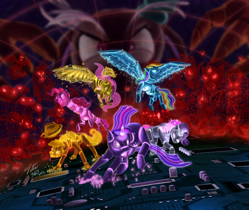 2012 abstract_background absurd_res applejack_(mlp) avian blue_body blue_feathers blue_fur canid chimera circuit clothing cockatrice cockatrice_(mlp) colorful_theme computer cowboy_hat cutie_mark diamond_dog_(mlp) discord_(mlp) draconequus dragon earth_pony electronics english_text equid equine european_mythology feathered_wings feathers felid female feral fluttershy_(mlp) friendship_is_magic fur gilda_(mlp) group gryphon hair hasbro hat headgear headwear hi_res horn horse hydra_(mlp) lion male mammal membrane_(anatomy) membranous_wings motherboard multicolored_hair my_little_pony mythological_avian mythological_creature mythological_equine mythological_scalie mythology neon_lights nightmare_moon_(mlp) pantherine parasprite_(mlp) pegasus pinkie_pie_(mlp) pony purple_body purple_fur purple_hair quadruped rainbow_dash_(mlp) rainbow_hair rarity_(mlp) scalie simple_background tail text timberwolf_(mlp) trixie_(mlp) tsitra360 twilight_sparkle_(mlp) two_tone_hair unicorn ursa_minor_(mlp) wallpaper windigo_(mlp) wings yellow_body yellow_feathers