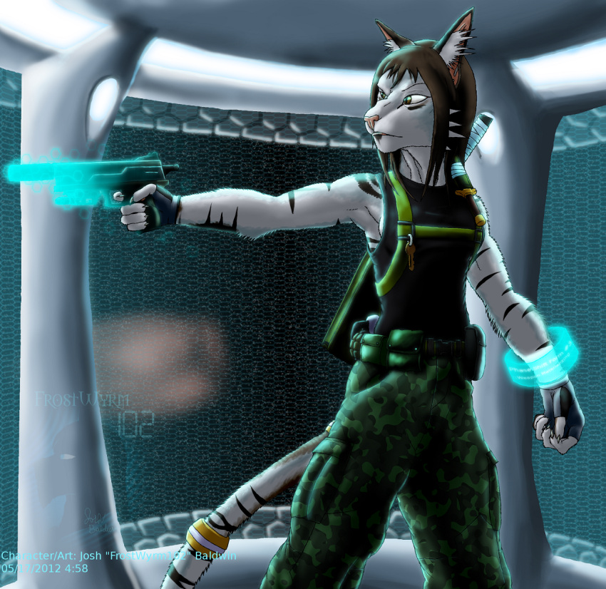 anthro april_dawn felid female frostwyrm102 gun hi_res holding_gun holding_object holding_ranged_weapon holding_weapon mammal ranged_weapon solo tail technology weapon