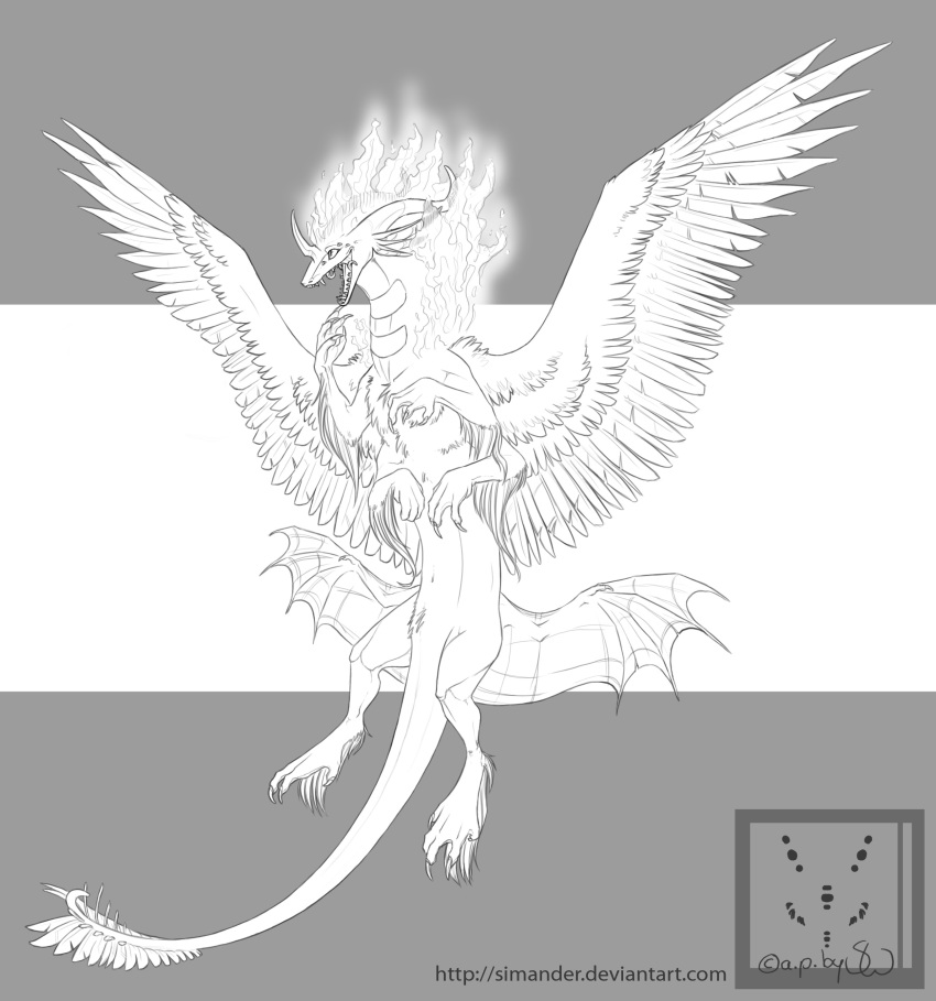 absurd_res ambiguous_gender dragon feathered_dragon feathered_scalie feathered_wings feathers feral fire flying fur happy hexapodal hi_res mane monochrome monster myfi mythological_creature mythological_scalie mythology navel scalie simander solo tail wings