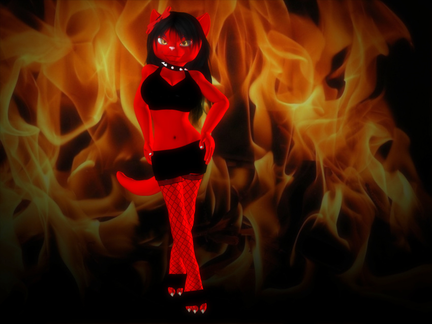 3d_(artwork) 4:3 alonwoof big_breasts black_hair bottomwear breasts clothing demigoddess digital_media_(artwork) domestic_cat felid feline felis female fire footwear hair leash legwear looking_at_viewer mammal natasha_onyx photo_background photography_(artwork) sandals skirt solo stockings