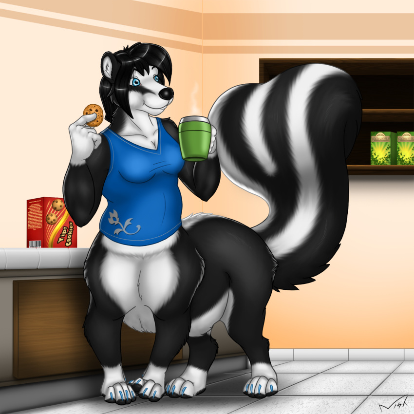 1:1 anthro beverage breasts coffee cookie detailed_background female food hi_res inside kitchen mammal mammal_taur mephitid mephitid_taur nisharu quadruped skunk skunk_taur sofia_belk solo striped_skunk stripes tail taur waist_turned