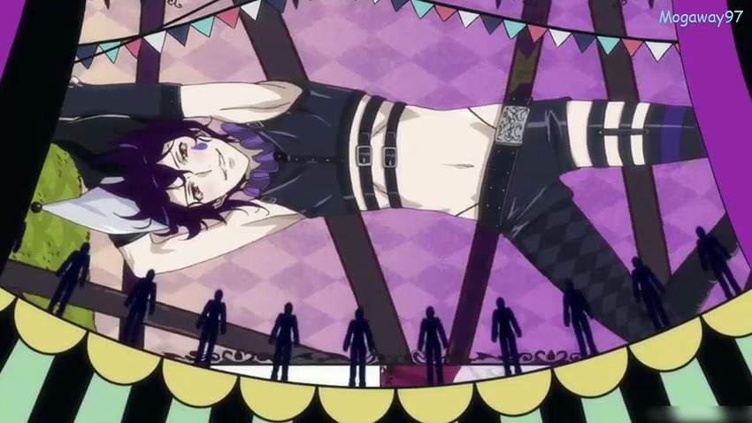 1boy anime_screenshot belt black_hair boots circus crop_top dance_with_devils ending frills gloves hat jester_cap looking_at_viewer lying makeup male_focus natsumezaka_shiki navel pierrot red_eyes shorts smile solo striped thighhighs