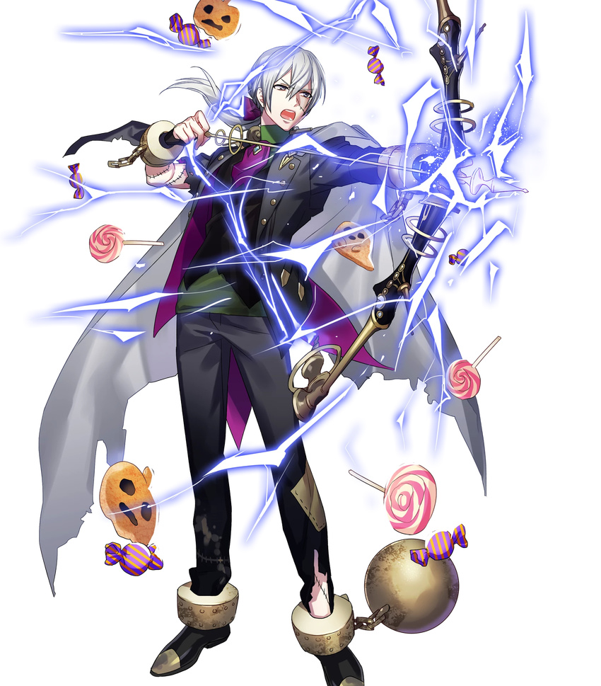 1boy ball_and_chain_restraint bow_(weapon) candy cape cuffs electricity fire_emblem fire_emblem_heroes food fujiwara_ryo_(game_artist) full_body highres holding holding_bow_(weapon) holding_weapon jakob_(fire_emblem) jakob_(halloween)_(fire_emblem) lollipop male_focus official_art simple_background solo stitches swirl_lollipop transparent_background weapon