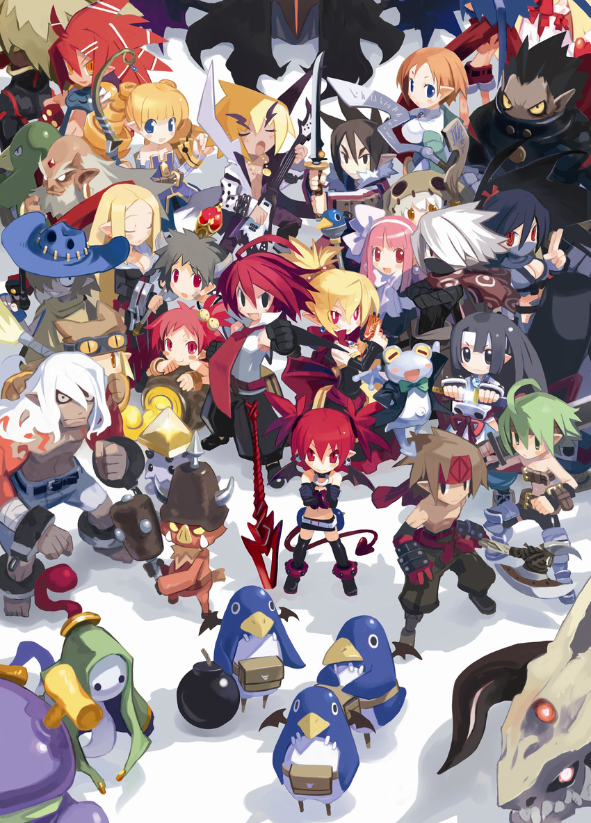 6+boys 6+girls absurdres adell_(disgaea) akutare_(disgaea) archer_(disgaea) armor_knight_(disgaea) axe bat_wings beast_master_(disgaea) blonde_hair bomb bow demon_boy demon_girl detached_sleeves disgaea dragon_zombie_(disgaea) elder_spear etna_(disgaea) everyone explosive fallen_angel female_warrior_(disgaea) flat_chest flonne flonne_(fallen_angel) fubuki_(disgaea) geomancer_(disgaea) ghost_(disgaea) guitar gun gunner_(disgaea) hanako_(disgaea) harada_takehito healer_(disgaea) highres instrument kunoichi_(disgaea) kurtis_(disgaea) laharl mage_(disgaea) magic_knight_(disgaea) makai_senki_disgaea_2 male_warrior_(disgaea) miniskirt multiple_boys multiple_girls ninja_(disgaea) official_art orc_(disgaea) pointy_ears polearm prinny red_eyes red_hair rozalin samurai_(disgaea) sinner_(disgaea) skirt skull_(disgaea) spear staff sword tail taro_(disgaea) thief_(disgaea) tink_(disgaea) wand warslug_(disgaea) weapon wings yukimaru_(disgaea)