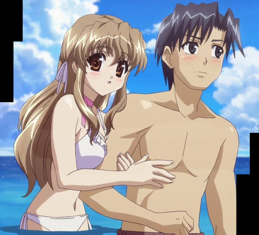 ayase_yuuto beach bikini blush breasts brown_hair cap couple highres long_hair nogizaka_haruka nogizaka_haruka_no_himitsu screencap short_hair smile swimsuit