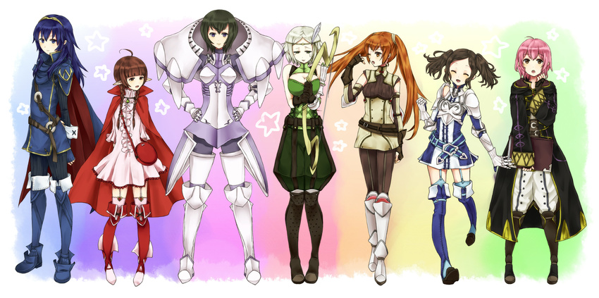 6+girls :d :o ahoge annotated arm_up armor bag black_hair blue_eyes blue_hair blue_thighhighs blush book boots bow_(weapon) braid breastplate breasts bridal_garter brown_eyes brown_hair cape cleavage cleavage_cutout clenched_hand cloak closed_eyes clothing_cutout commentary_request cynthia_(fire_emblem) detached_sleeves dress elbow_gloves embarrassed fingerless_gloves fire_emblem fire_emblem_awakening frills gauntlets gloves green_eyes grey_hair hair_between_eyes hair_flip handbag hands_on_own_hips height_difference highres hood hooded_jacket huge_breasts jacket kjelle_(fire_emblem) knee_boots laughing long_hair lucina_(fire_emblem) migime1 morgan_(female)_(fire_emblem) morgan_(fire_emblem) multiple_girls nah_(fire_emblem) noire_(fire_emblem) one_eye_closed open_mouth pants pantyhose parted_bangs pauldrons pink_hair pink_legwear pointy_ears puffy_pants purple_eyes rainbow_background running severa_(fire_emblem) short_dress short_hair short_twintails shoulder_armor sleeves_past_wrists smile striped_clothes striped_pantyhose sweat swept_bangs tears thigh_boots thighhighs tiara twin_braids twintails v_arms vertical-striped_clothes vertical-striped_pantyhose weapon zettai_ryouiki